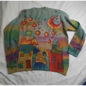 Vintage 80s 90s Whimsical Art Knit Sweater 2XL Rainbow Fairycore Cottagecore